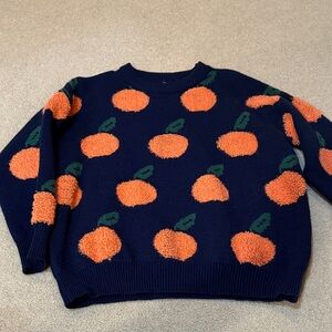 Cider Dark Blue Sweater with Orange Fruit Design